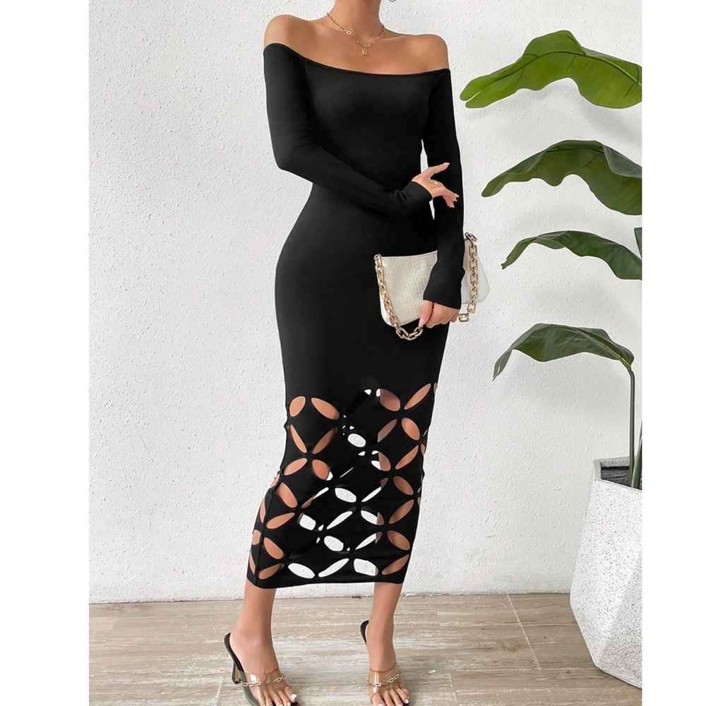 NEW Elegant Black Off-Shoulder Cut out Maxi Dress SMALL